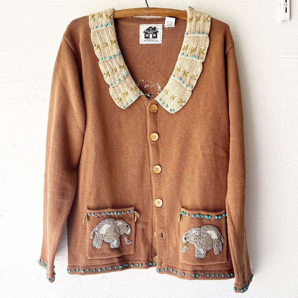VINTAGE Storybook Knits Jeweled Safari Elephant Cardigan Sweater in Brown